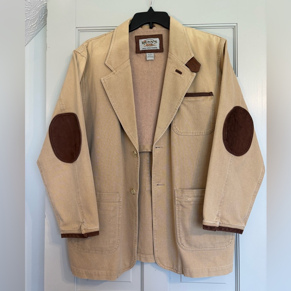 Dunn’s Supply Khaki Hunting Outdoor Shooting Jacket  100% Cotton Elbow Patches L